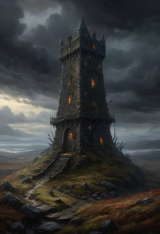 Oil Painting, Fantasy, Rpg, A Tower In The Moorland, Dark Cl...