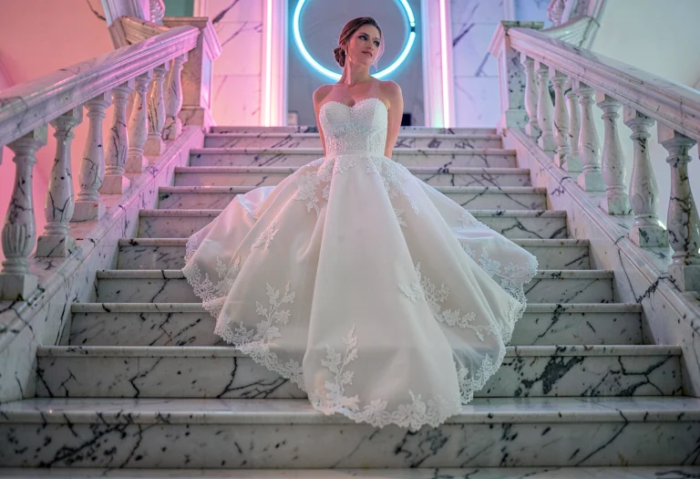 A Ballgown Descending A Grand Marble Staircase, Neon Lightin...