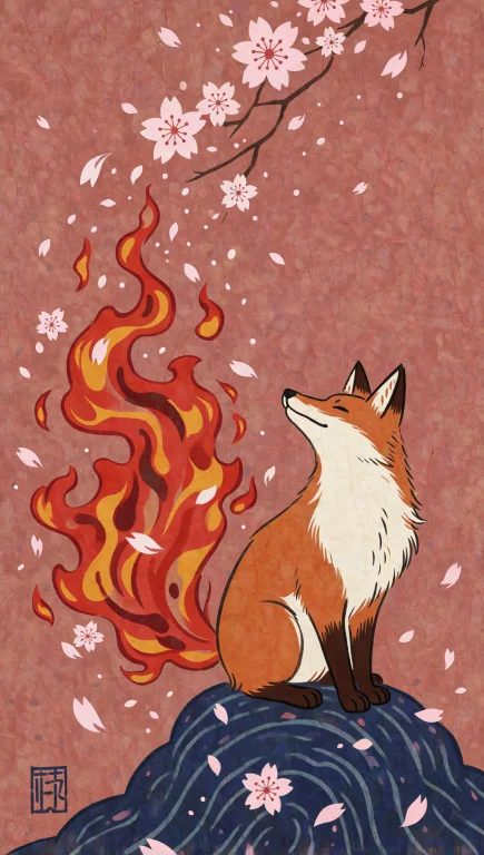126. Anthropomorphic Fox Spirit, Liquid Flame Tail, Floating...