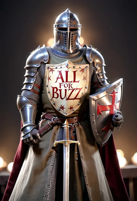 A Knight Holding A Banner Sign That Says All For Buzz, Text...