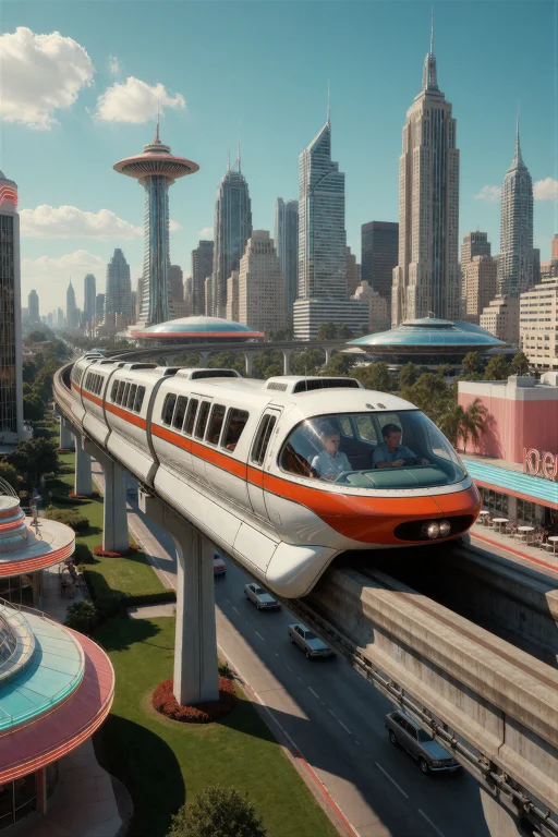 Retrofuturismbymrjohn, A Sleek Bullet-shaped Monorail Glidin...