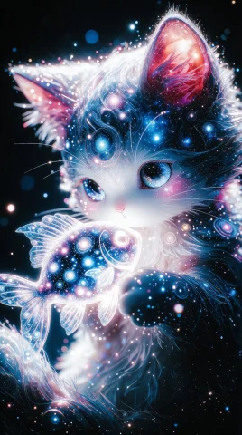 Anime Divine Celestial Cat — Stable Diffusion AI Prompt: anime-style kemono cosmic god kitty, divine celestial feline composed entirely o...