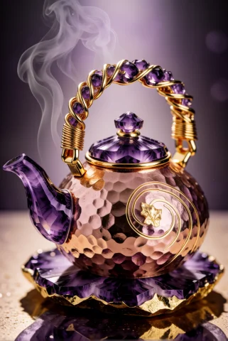 Goldamethystworld, A Plump Teapot Of Hammered Rose-gold, Ame... — Stable Diffusion AI Prompt: GoldAmethystWorld, a plump teapot of hammered rose-gold, amethyst-crystal spout,...
