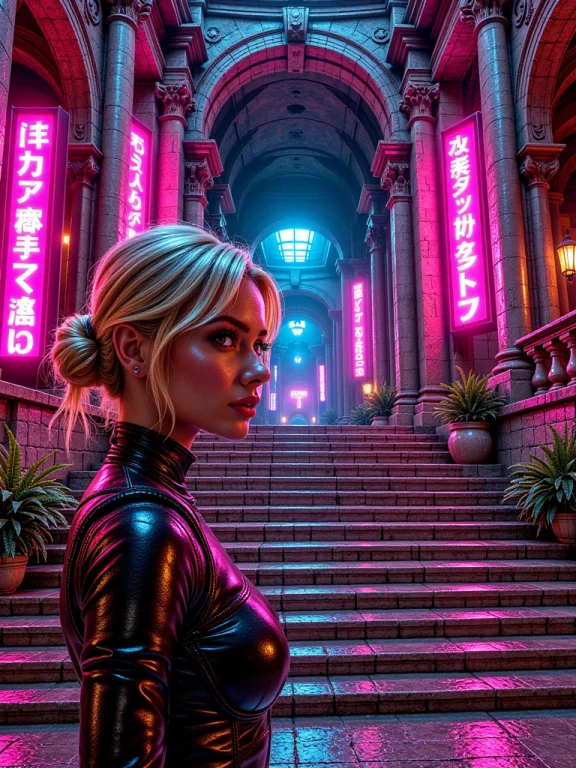 Hcc, Hidden Cyberpunk Courtyard, Close-up Of A Blonde Low Up...