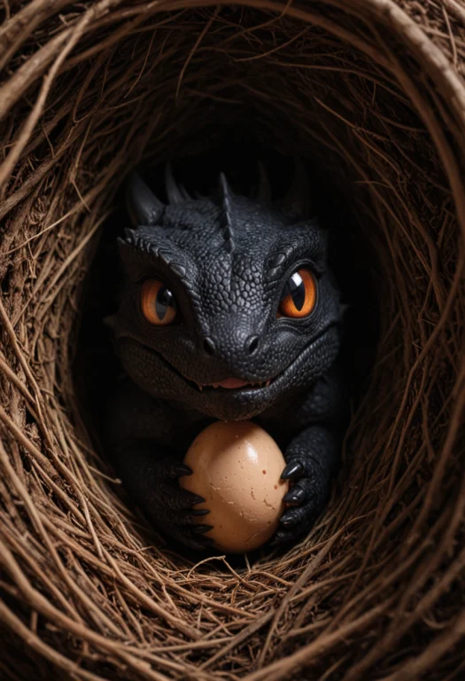 Cute Black Baby Dragon Comfortable Inside Egg Shell, Warm, H...