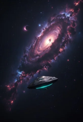 Exterior Shot Of Spaceship In A Galaxy1.4 , Luminar , Master... — FLUX AI Prompt: (Exterior shot of Spaceship in a galaxy:1.4) , luminar , masterful, poster art,...