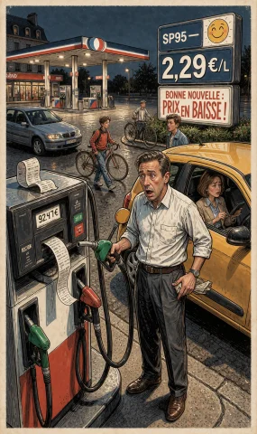 A Detailed Illustrated Editorial Comedy Scene At A French Ga... — Stable Diffusion AI Prompt: A detailed illustrated editorial comedy scene at a French gas station. A shocked...
