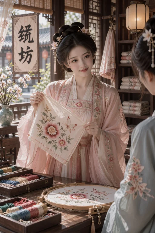 古装,绣坊柜台前,一名年轻中国女子站着展示一匹粉色绣布,双手...