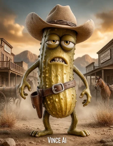 Cornichonator Standing In A Dusty Wild West Street Wearing A... — Stable Diffusion AI Prompt: Cornichonator standing in a dusty Wild West street wearing a tiny cowboy hat bal...
