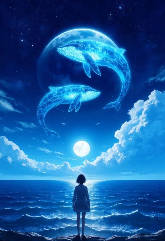 In The Starry Sky, There Is An Oversized Moon And Two Glowin...