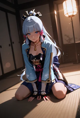 Lazypos, Kneeling, Solo, 1girl Ayaka Kamisato Eyes1.4, Outfi... — Stable Diffusion AI Prompt: lazypos, kneeling, solo, 1girl Ayaka Kamisato (eyes:1.4), outfit, small waist, b...