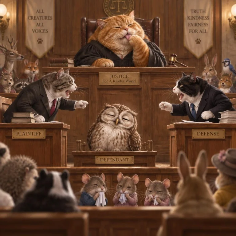 A Whimsical Anthropomorphic Court Scene Styled As A Detailed...