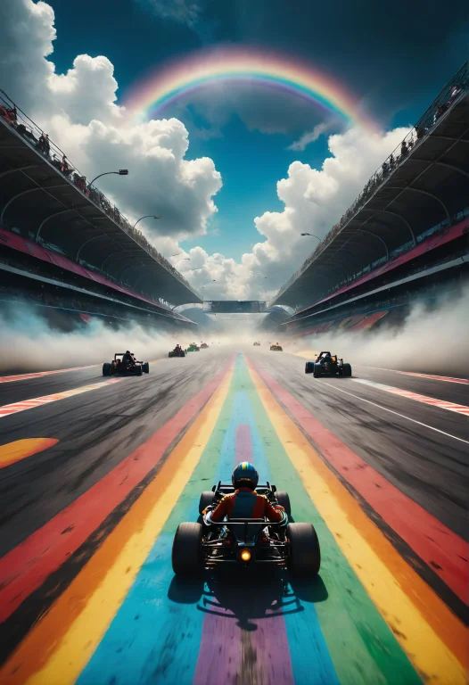 Adventurers Race Go-karts Through A Rainbow-colored Racetrac...
