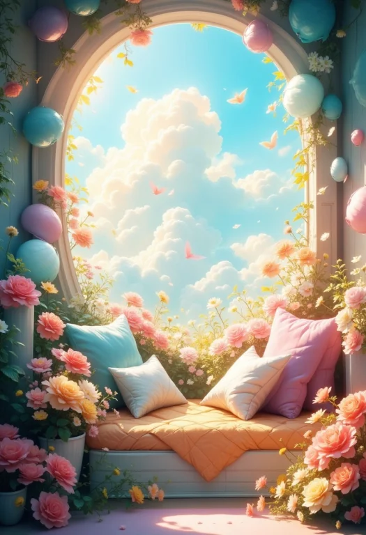 In A Scene Of Surreal Enchantment, Soft Pastel Clouds Drift...
