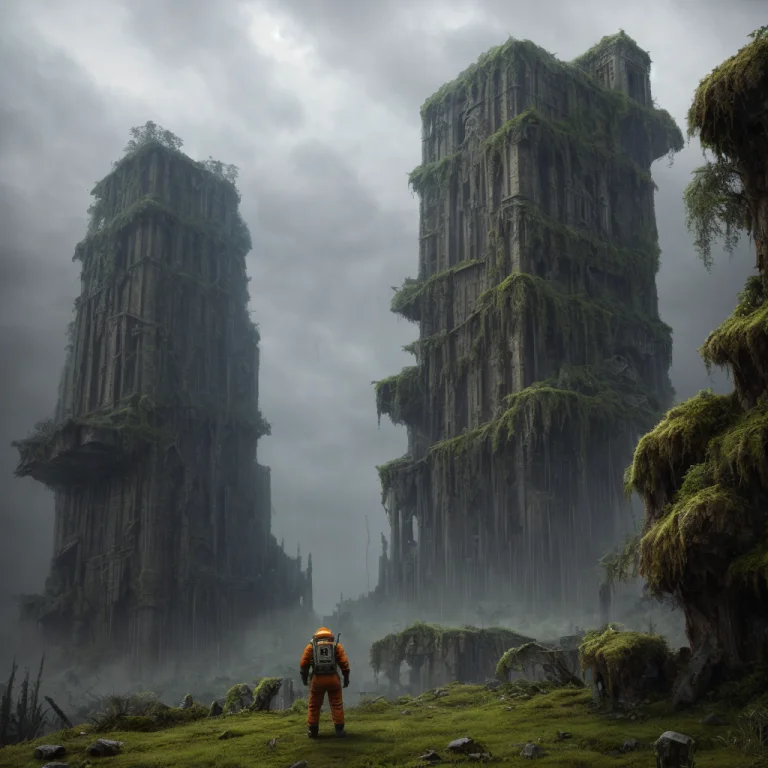 Gigantic City Ruins Tower Into The Sky, Moss And Creepers Gr...