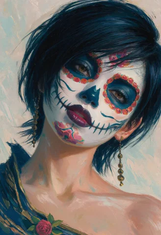 Yuffie, Dia De Los Muertos Makeup, Glossy Dark Lips. Dutch A... — Stable Diffusion AI Prompt: yuffie, Dia de los Muertos makeup, glossy dark lips. dutch angle, Vertical compo...