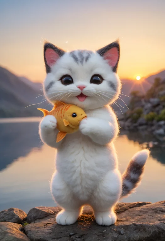 A Small, Simple, Cuddly Felt Fat Kitten Holding A Fish In It...