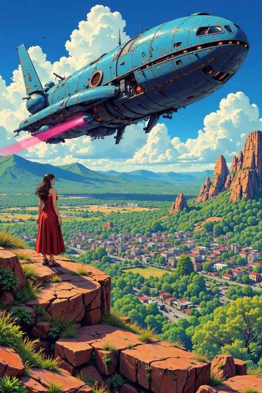 An Alien Spaceship Arriving In The City Beautiful Landscape,...