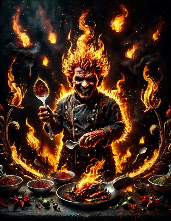 A Devil Chef , In A Flaming Kitchen, Holding Spoons Flamesty...