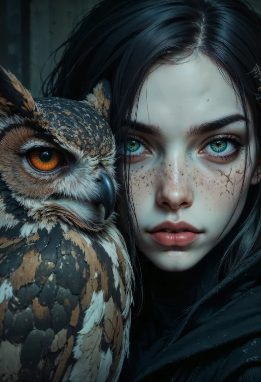 A Close-up, Artistic Portrait Featuring A Woman And An Owl....