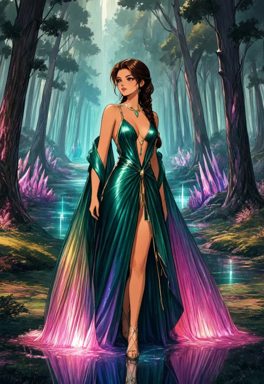 A Model Standing In A Forest Of Luminous Crystal Trees, Her...