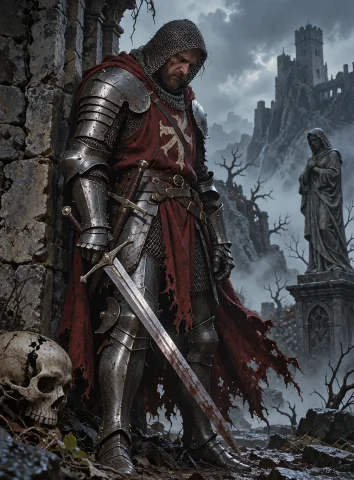 Lorakreadarkfantasykrea23349621epoch100.6an Exhausted Mediev... — Stable Diffusion AI Prompt: An exhausted medieval knight wearing battered blackened steel armor stands in th...