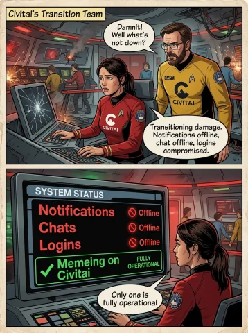 Make Me A Funny Realistic 2 Panel Comic Image Of Starship Ci... — Stable Diffusion AI Prompt: Make me a funny realistic 2 panel comic image of Starship Civitai which looks si...