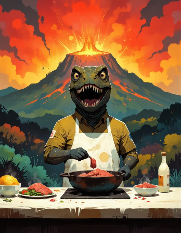 Happy T-rex Wearing An Apron Is Making Breakfast In A Kitche...