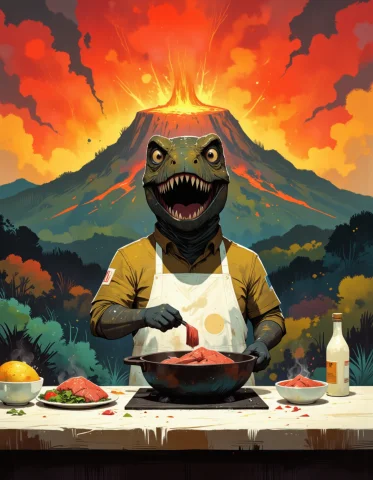 Happy T-rex Wearing An Apron Is Making Breakfast In A Kitche... — Stable Diffusion AI Prompt: Happy t-rex wearing an apron is making breakfast in a kitchen close to an explod...
