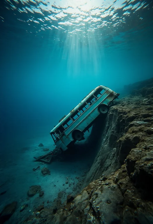 Bus Wreck On The Cliff, Underwater Photography, Otherworldly...