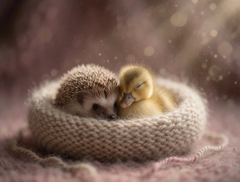 A Tiny Hedgehog And A Fluffy Duckling Napping Curled Togethe...