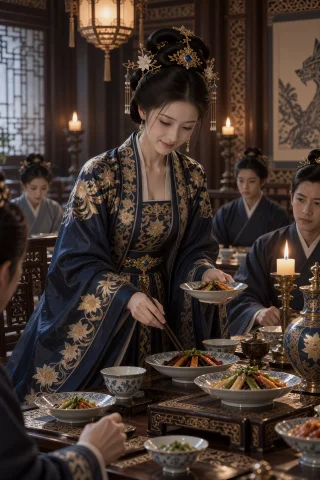 热闹宴席厅中，一名年轻中国女子穿深蓝金纹礼服站在桌边为宾客布... — Stable Diffusion AI Prompt: 热闹宴席厅中，一名年轻中国女子穿深蓝金纹礼服站在桌边为宾客布菜，身体向前轻俯，右...