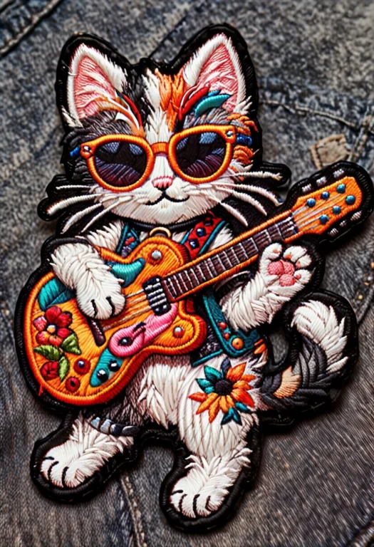 A Cat Wearing Sunglasses Is Playing The Guitar, Ral-embroide...