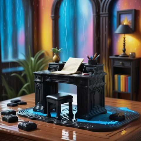 Writing Desk, Raining, Shallow Depth Of Field, American Scen... — SDXL AI Prompt: Writing desk, Raining, shallow depth of field, American Scene Painting, painterl...