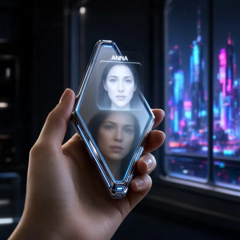 Ultra-Realistic Sci-Fi Hand Mirror — Stable Diffusion AI Prompt: Sci-fi cinematic close-up, ultra-realistic. A woman's hand holding a futuristic...
