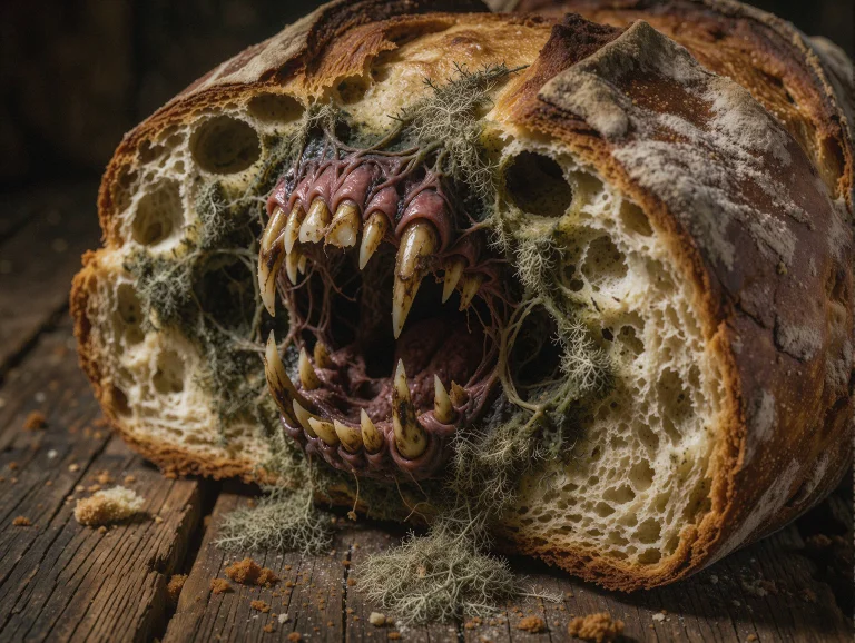 A Macro Photograph Of A Grotesque, Decaying Loaf Of Bread Re...