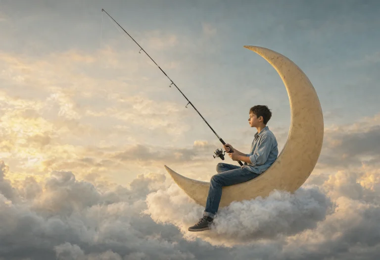 A Boy Sitting On A Crescent Moon With A Fishing Rod, Surroun...