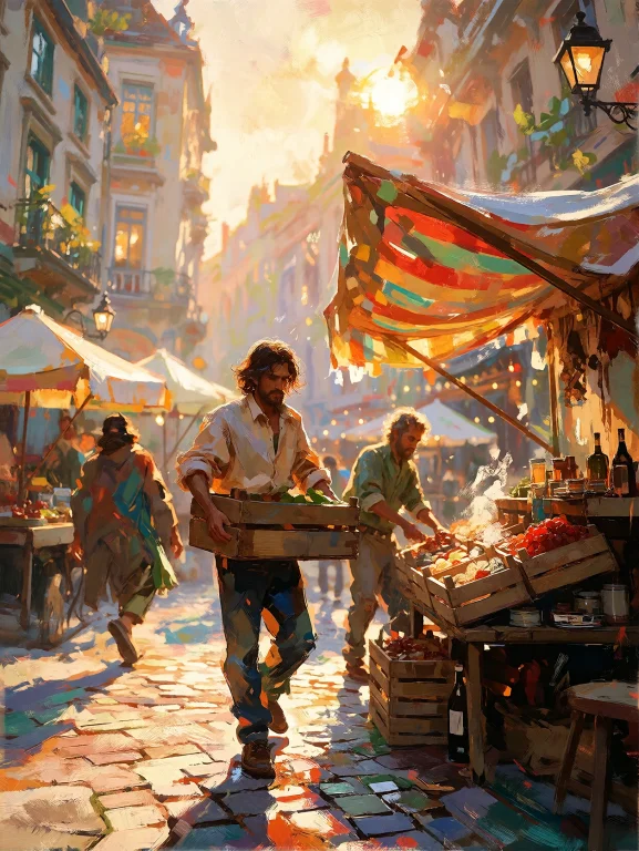 A Small European Street Market Closing At Golden Hour, A Ven...