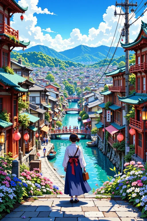 Japanese City Beautiful Landscape, Noon, Woman, Very Intrica...