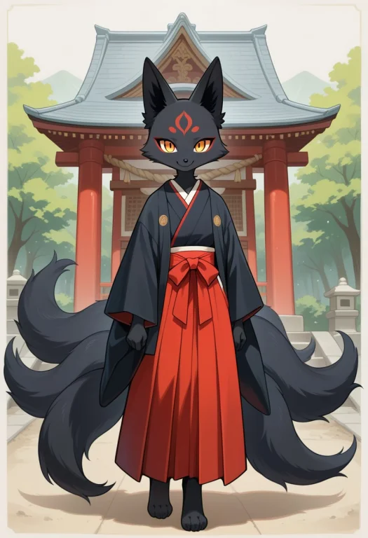 A Girl, A Black Fur Black-kitsune Fox With Nine Tails Furry...