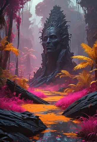 An Alien Jungle Teeming With Bizarre Flora, All Rendered In... — SDXL AI Prompt: An alien jungle teeming with bizarre flora, all rendered in negative, unsettling...