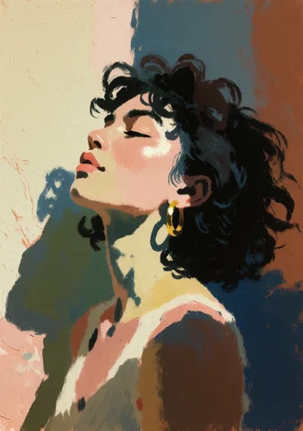 A Woman With Dark Curly Hair And A Gold Hoop Earring, Chin L... — Stable Diffusion AI Prompt: A woman with dark curly hair and a gold hoop earring, chin lifted and eyes close...