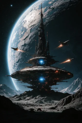 Ta86inkriot, Thin Black Outlines, An Epic Sci-fi Matte Paint... — Stable Diffusion AI Prompt: ta86_inkriot, thin black outlines, An epic sci-fi matte painting of a towering,...