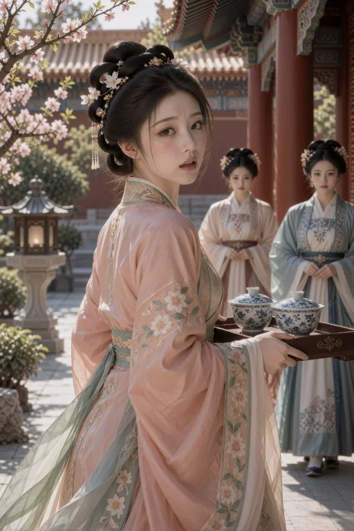 花木盛开的宫苑中,一名年轻中国女子端着木盘回头,身体朝向庭院...