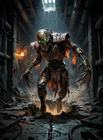 A Single Necronflayedone Drags Itself Upward Through A Jagge... — Stable Diffusion AI Prompt: A single necron_flayed_one drags itself upward through a jagged opening in a fra...
