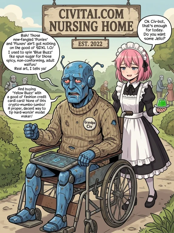 Draw Me A Funny Image Of A Very Old Blue Civ-bot In A Wheelc...