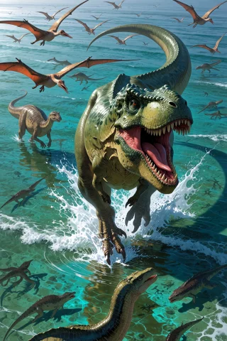 Stable Diffusion T-Rex Deep Sea Hunt — Stable Diffusion AI Prompt: , T-Rex charging through a shallow Cretaceous sea water splashing massively with...