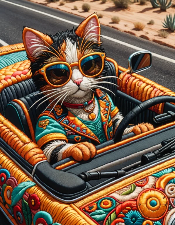A Cool Cat In Sunglasses Driving A Convertible On A Dark Des...
