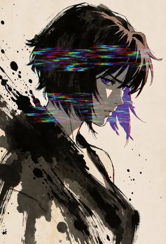 Vhs Glitch Artstyle, Signal Interference, Motoko Kusanagi, P... — Stable Diffusion AI Prompt: "VHS glitch" artstyle, signal interference, motoko kusanagi, purple short "wolf...