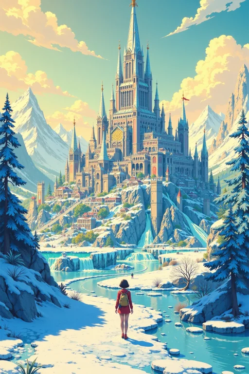 An Ice City Beautiful Landscape, Bright Sunny Sky, Woman, Ve...